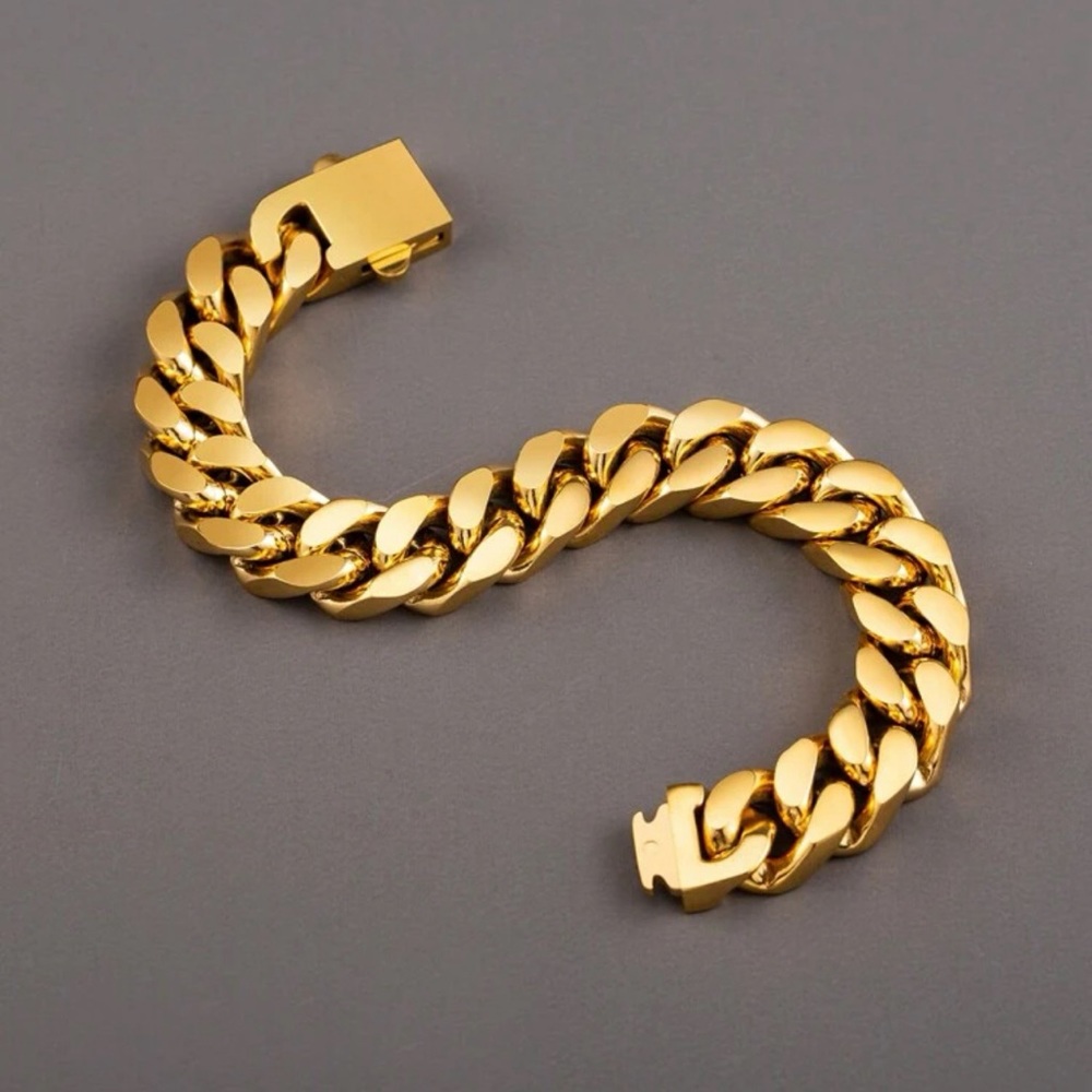 Women Gold 13mm Wide Stainless Steel Miami Curb Chain Bracelet - Picture 4 of 7